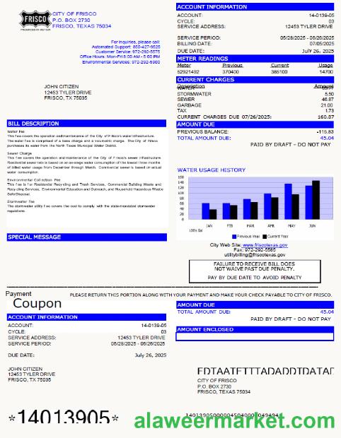 USA City of Frisco utility bill template in Word and PDF formats